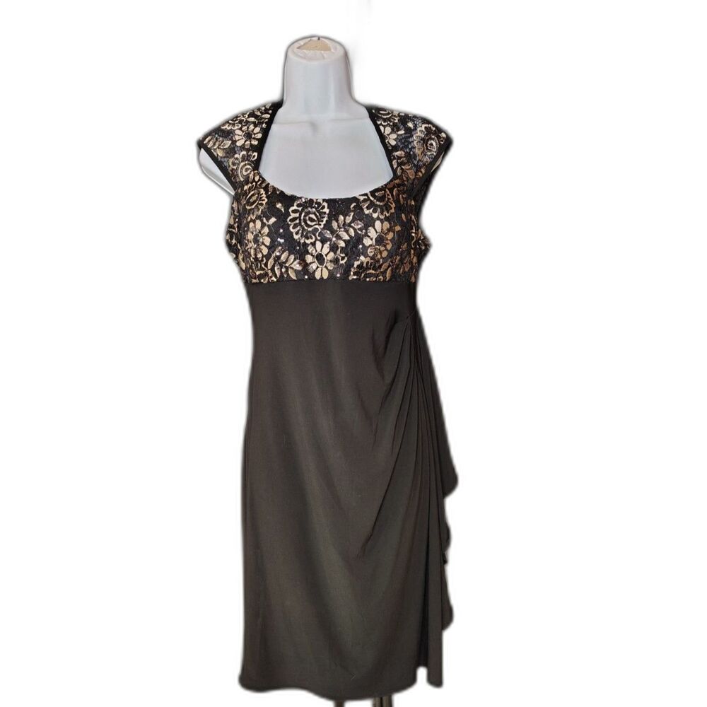 R & M Richards Black & Gold Lace Evening Dress – Size 10